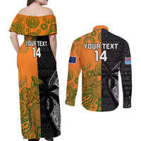 Custom Fiji And Australia Rugby Couples Matching Off Shoulder Maxi Dress and Long Sleeve Button Shirt Fijian Tapa Pattern With Aussie Aboriginal Art LT14 - Polynesian Pride