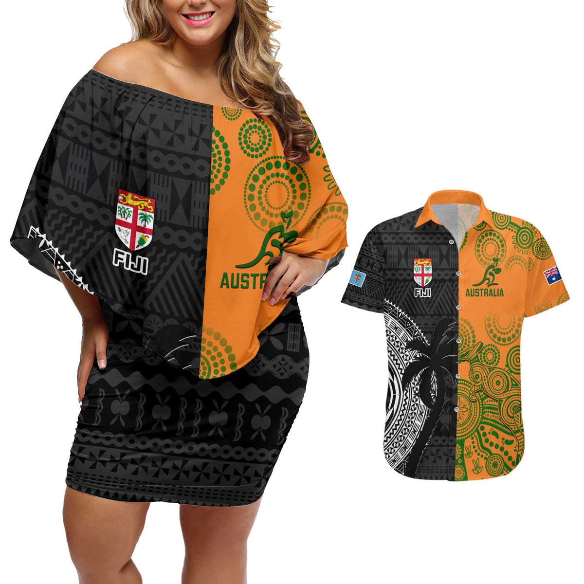 Custom Fiji And Australia Rugby Couples Matching Off Shoulder Short Dress and Hawaiian Shirt Fijian Tapa Pattern With Aussie Aboriginal Art LT14 Black - Polynesian Pride