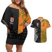Custom Fiji And Australia Rugby Couples Matching Off Shoulder Short Dress and Hawaiian Shirt Fijian Tapa Pattern With Aussie Aboriginal Art LT14 Black - Polynesian Pride