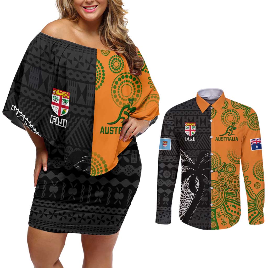 Custom Fiji And Australia Rugby Couples Matching Off Shoulder Short Dress and Long Sleeve Button Shirt Fijian Tapa Pattern With Aussie Aboriginal Art LT14 Black - Polynesian Pride