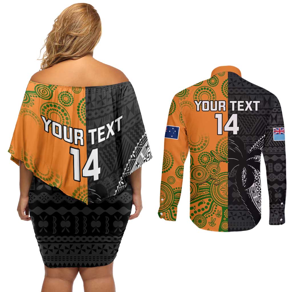 Custom Fiji And Australia Rugby Couples Matching Off Shoulder Short Dress and Long Sleeve Button Shirt Fijian Tapa Pattern With Aussie Aboriginal Art LT14 - Polynesian Pride