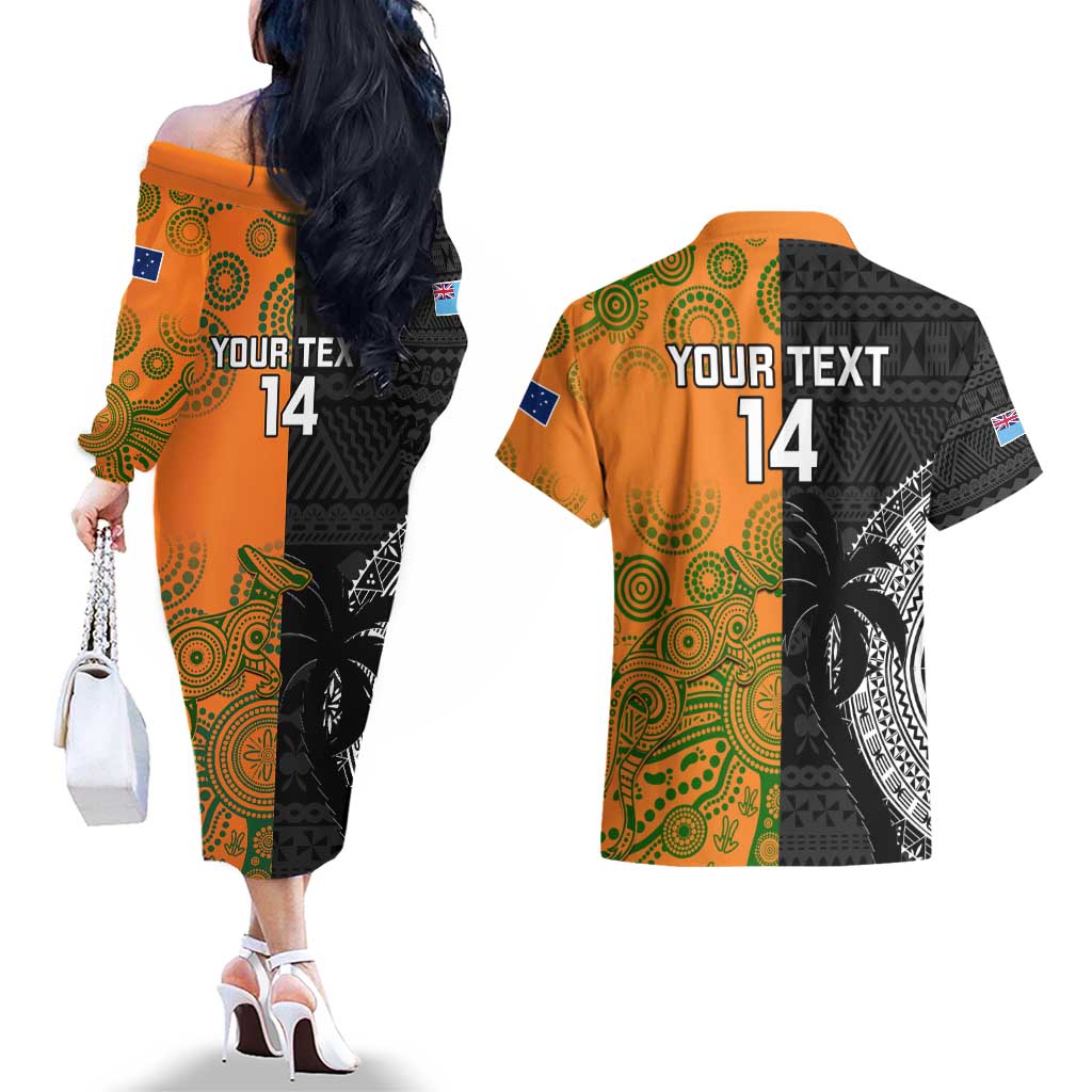 Custom Fiji And Australia Rugby Couples Matching Off The Shoulder Long Sleeve Dress and Hawaiian Shirt Fijian Tapa Pattern With Aussie Aboriginal Art LT14 - Polynesian Pride