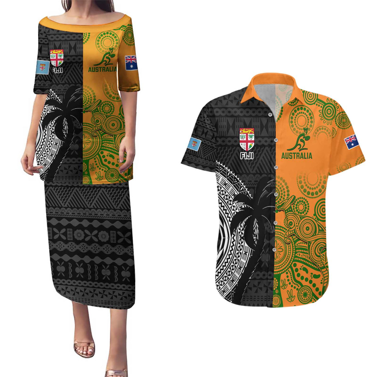 Custom Fiji And Australia Rugby Couples Matching Puletasi and Hawaiian Shirt Fijian Tapa Pattern With Aussie Aboriginal Art LT14 Black - Polynesian Pride