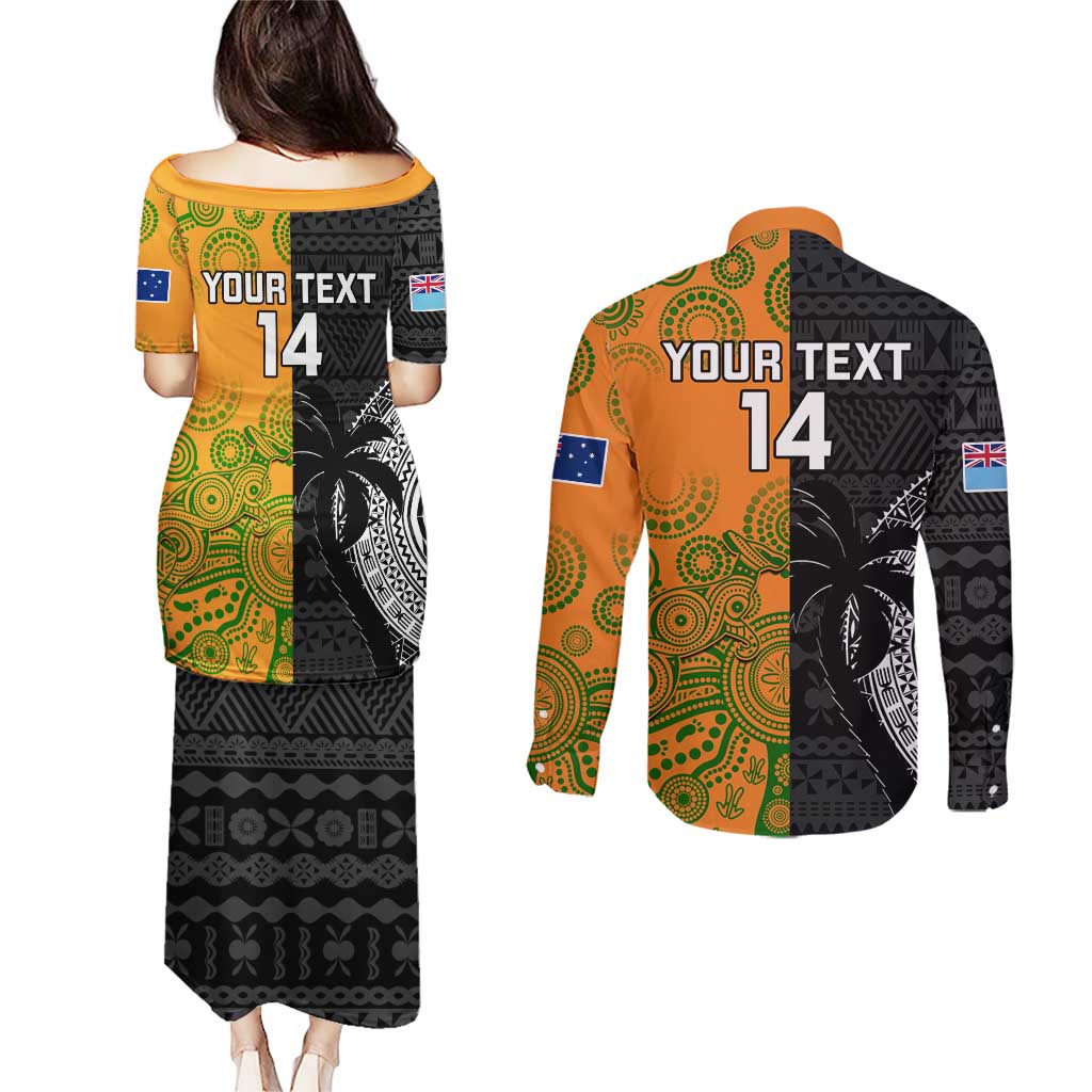 Custom Fiji And Australia Rugby Couples Matching Puletasi and Long Sleeve Button Shirt Fijian Tapa Pattern With Aussie Aboriginal Art LT14 - Polynesian Pride