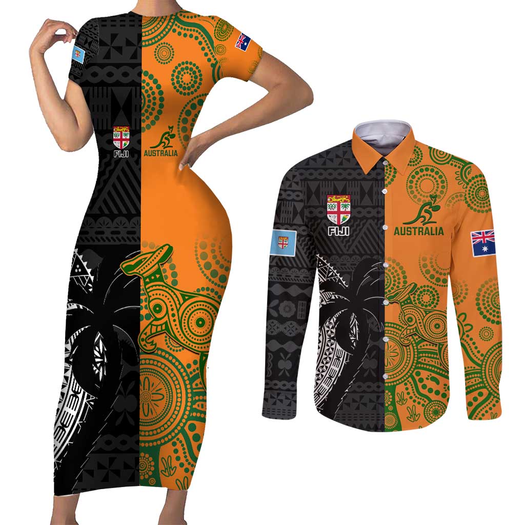 Custom Fiji And Australia Rugby Couples Matching Short Sleeve Bodycon Dress and Long Sleeve Button Shirt Fijian Tapa Pattern With Aussie Aboriginal Art LT14 Black - Polynesian Pride