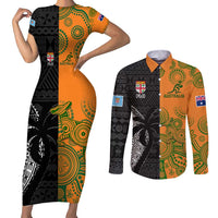 Custom Fiji And Australia Rugby Couples Matching Short Sleeve Bodycon Dress and Long Sleeve Button Shirt Fijian Tapa Pattern With Aussie Aboriginal Art LT14 Black - Polynesian Pride