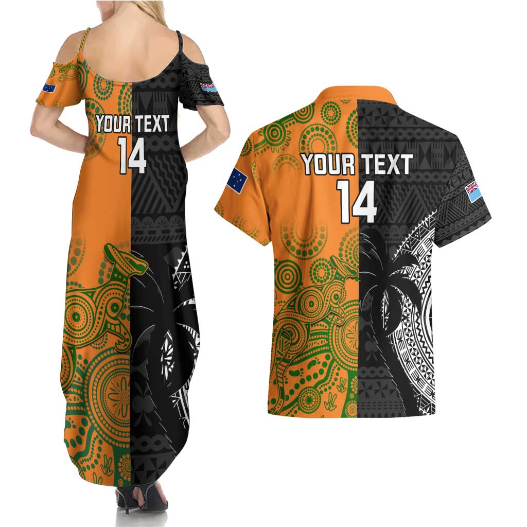 Custom Fiji And Australia Rugby Couples Matching Summer Maxi Dress and Hawaiian Shirt Fijian Tapa Pattern With Aussie Aboriginal Art LT14 - Polynesian Pride