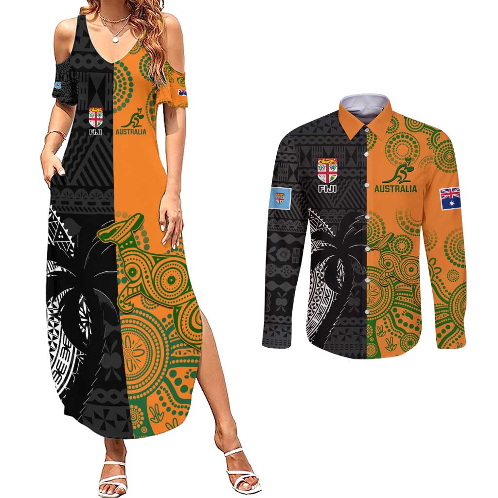 Custom Fiji And Australia Rugby Couples Matching Summer Maxi Dress and Long Sleeve Button Shirt Fijian Tapa Pattern With Aussie Aboriginal Art LT14 Black - Polynesian Pride