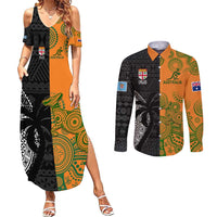 Custom Fiji And Australia Rugby Couples Matching Summer Maxi Dress and Long Sleeve Button Shirt Fijian Tapa Pattern With Aussie Aboriginal Art LT14 Black - Polynesian Pride