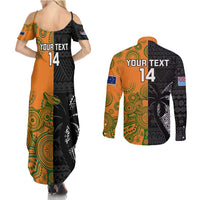Custom Fiji And Australia Rugby Couples Matching Summer Maxi Dress and Long Sleeve Button Shirt Fijian Tapa Pattern With Aussie Aboriginal Art LT14 - Polynesian Pride