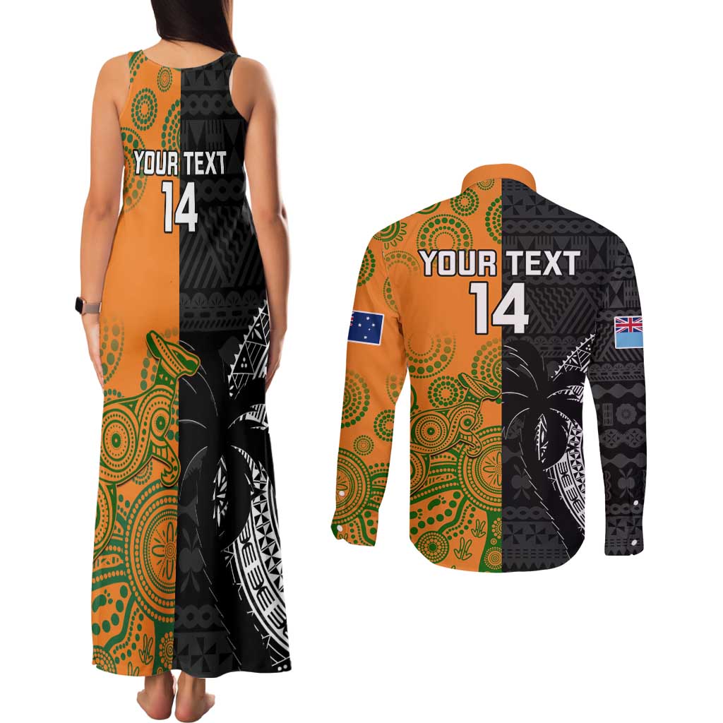 Custom Fiji And Australia Rugby Couples Matching Tank Maxi Dress and Long Sleeve Button Shirt Fijian Tapa Pattern With Aussie Aboriginal Art LT14 - Polynesian Pride