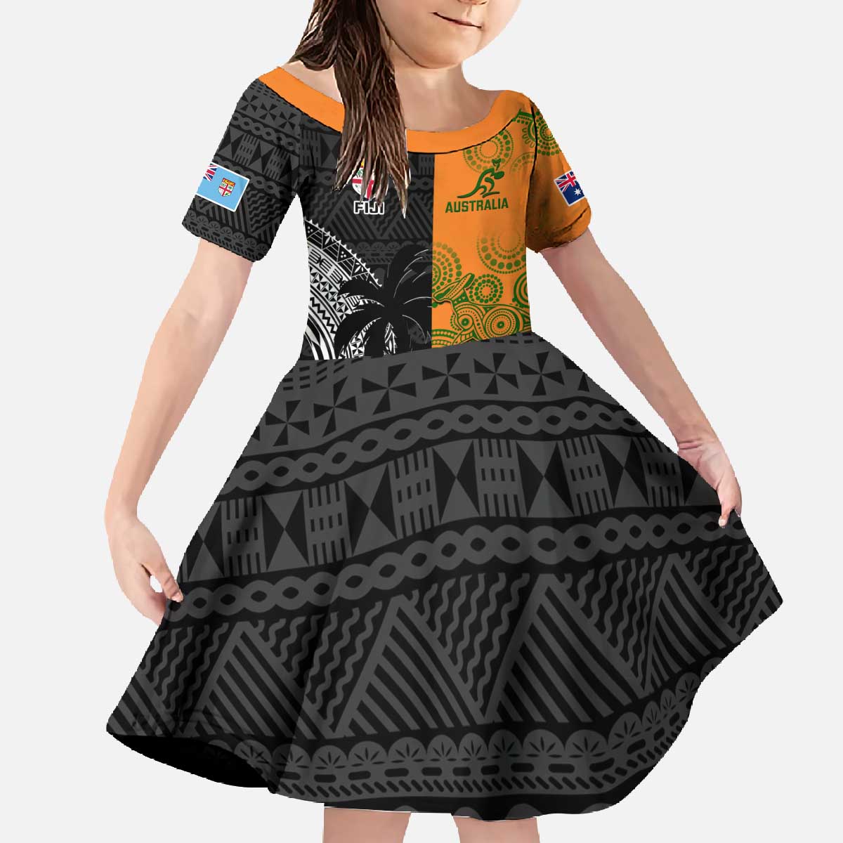 Custom Fiji And Australia Rugby Family Matching Off The Shoulder Long Sleeve Dress and Hawaiian Shirt Fijian Tapa Pattern With Aussie Aboriginal Art LT14 Daughter's Dress Black - Polynesian Pride