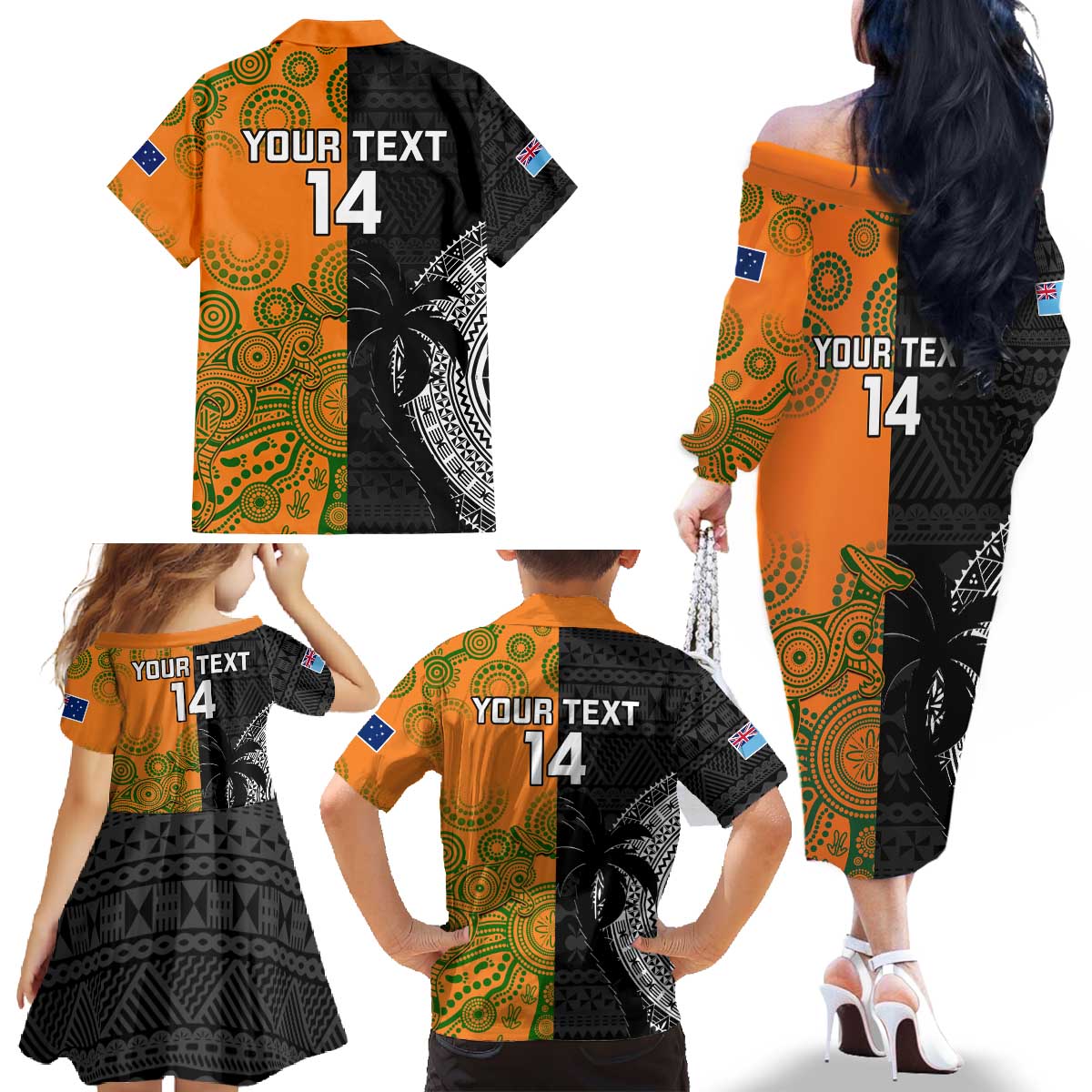 Custom Fiji And Australia Rugby Family Matching Off The Shoulder Long Sleeve Dress and Hawaiian Shirt Fijian Tapa Pattern With Aussie Aboriginal Art LT14 - Polynesian Pride