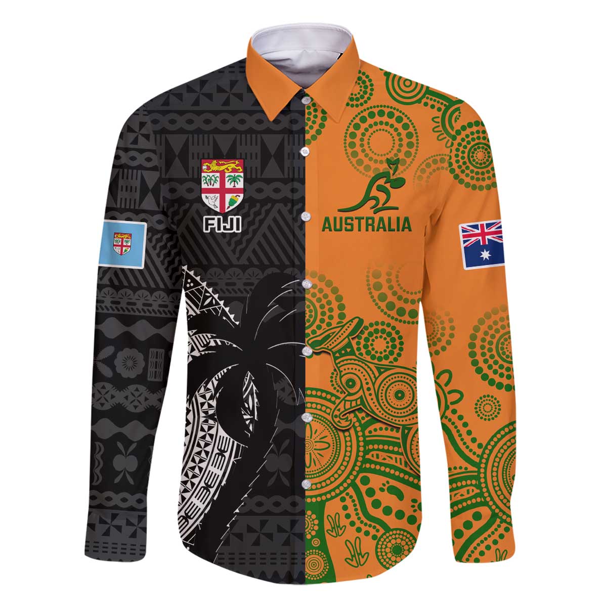 Custom Fiji And Australia Rugby Family Matching Off The Shoulder Long Sleeve Dress and Hawaiian Shirt Fijian Tapa Pattern With Aussie Aboriginal Art LT14 Dad's Shirt - Long Sleeve Black - Polynesian Pride
