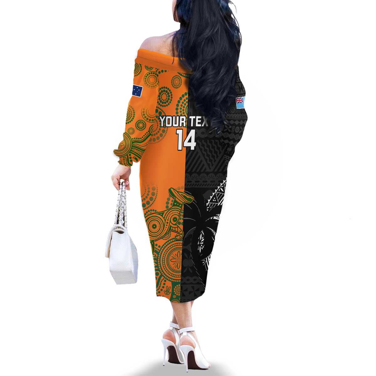 Custom Fiji And Australia Rugby Family Matching Off The Shoulder Long Sleeve Dress and Hawaiian Shirt Fijian Tapa Pattern With Aussie Aboriginal Art LT14 - Polynesian Pride