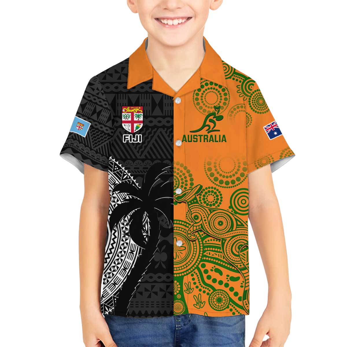 Custom Fiji And Australia Rugby Family Matching Off The Shoulder Long Sleeve Dress and Hawaiian Shirt Fijian Tapa Pattern With Aussie Aboriginal Art LT14 Son's Shirt Black - Polynesian Pride