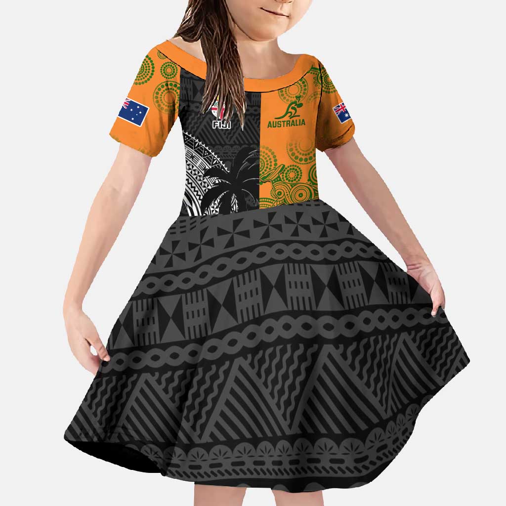 Custom Fiji And Australia Rugby Family Matching Off Shoulder Maxi Dress and Hawaiian Shirt Fijian Tapa Pattern With Aussie Aboriginal Art LT14 Daughter's Dress Black - Polynesian Pride