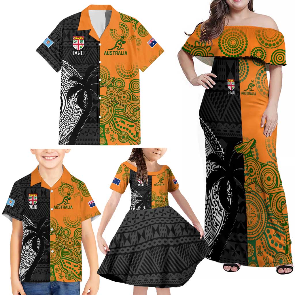 Custom Fiji And Australia Rugby Family Matching Off Shoulder Maxi Dress and Hawaiian Shirt Fijian Tapa Pattern With Aussie Aboriginal Art LT14 - Polynesian Pride
