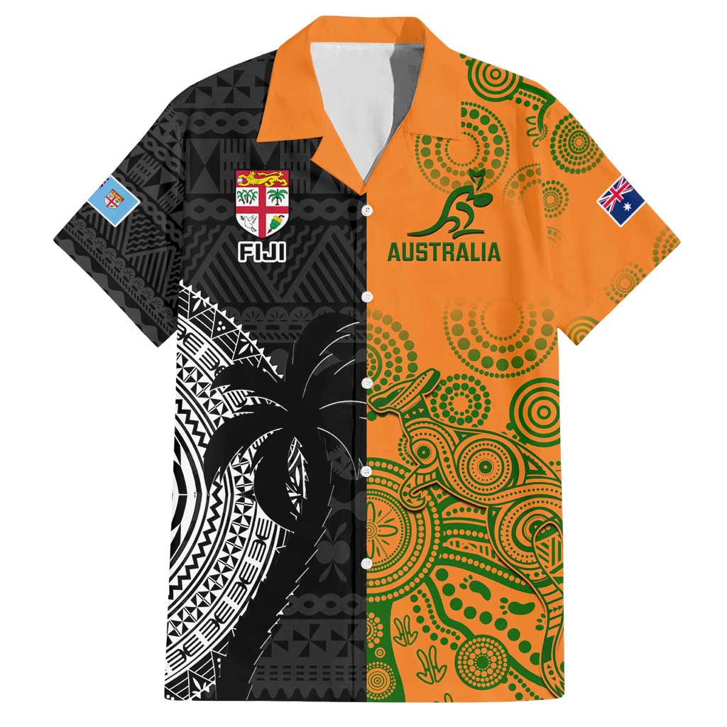 Custom Fiji And Australia Rugby Family Matching Off Shoulder Maxi Dress and Hawaiian Shirt Fijian Tapa Pattern With Aussie Aboriginal Art LT14 Dad's Shirt - Short Sleeve Black - Polynesian Pride