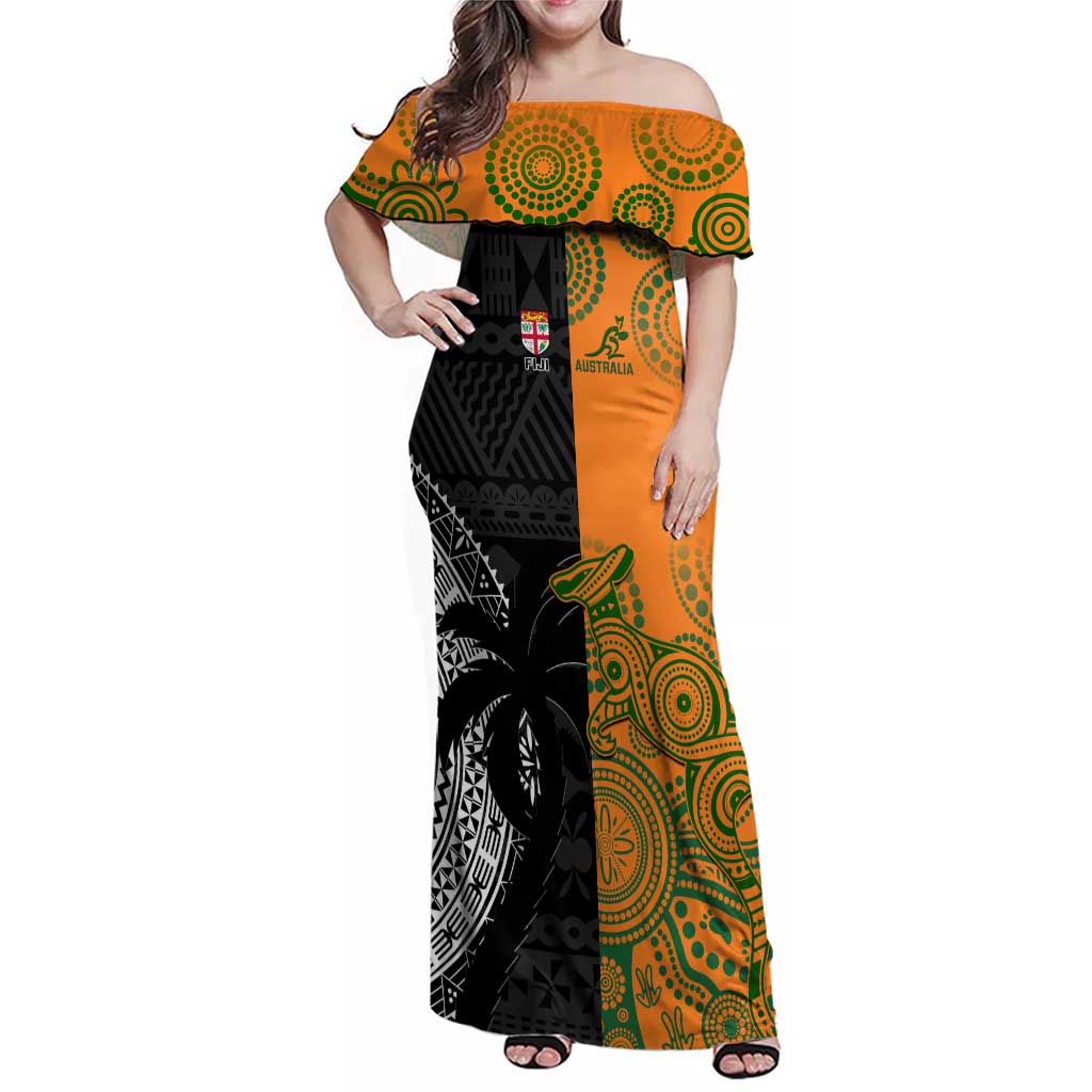 Custom Fiji And Australia Rugby Family Matching Off Shoulder Maxi Dress and Hawaiian Shirt Fijian Tapa Pattern With Aussie Aboriginal Art LT14 Mom's Dress Black - Polynesian Pride
