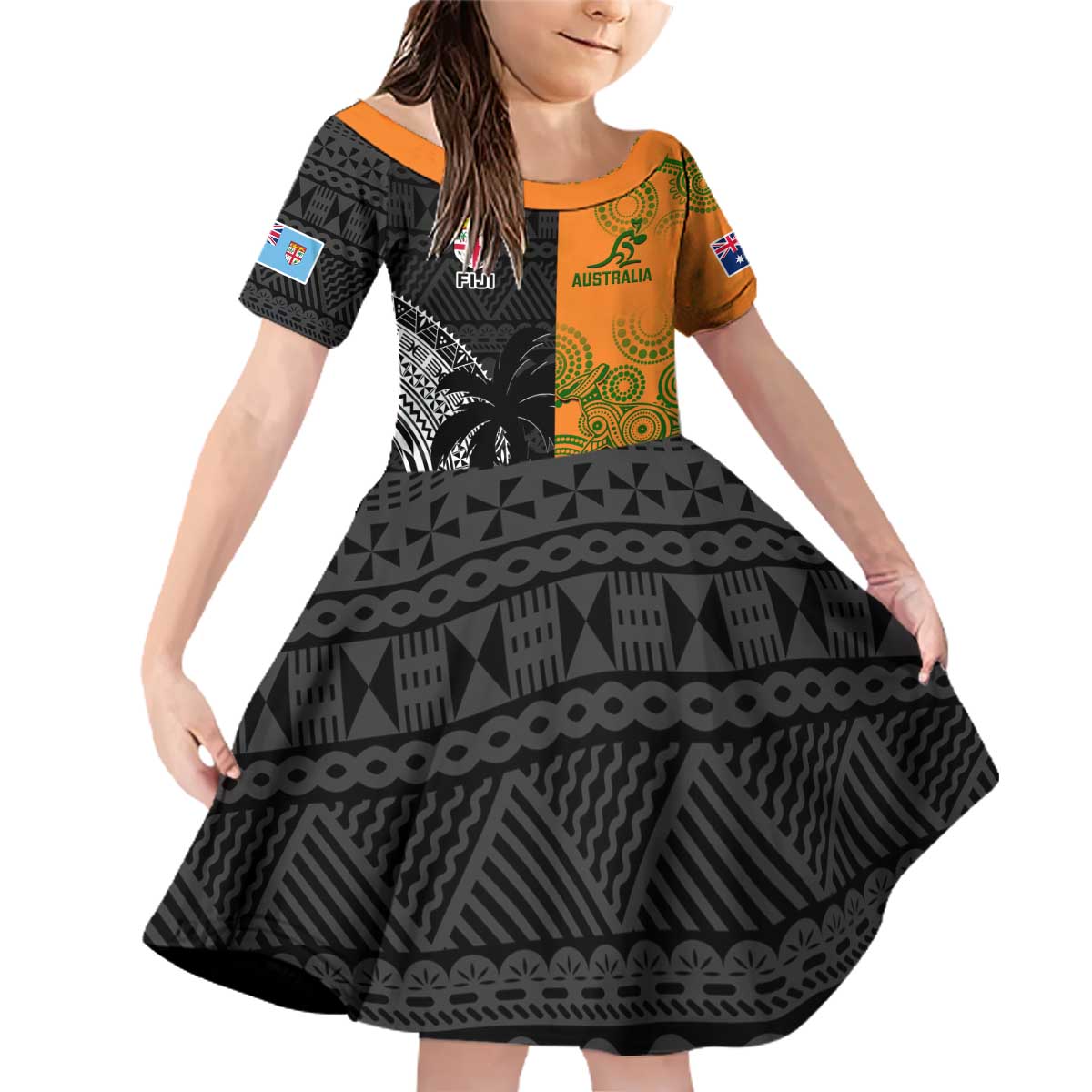 Custom Fiji And Australia Rugby Family Matching Off Shoulder Short Dress and Hawaiian Shirt Fijian Tapa Pattern With Aussie Aboriginal Art LT14 Daughter's Dress Black - Polynesian Pride