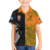 Custom Fiji And Australia Rugby Family Matching Off Shoulder Short Dress and Hawaiian Shirt Fijian Tapa Pattern With Aussie Aboriginal Art LT14 Son's Shirt Black - Polynesian Pride