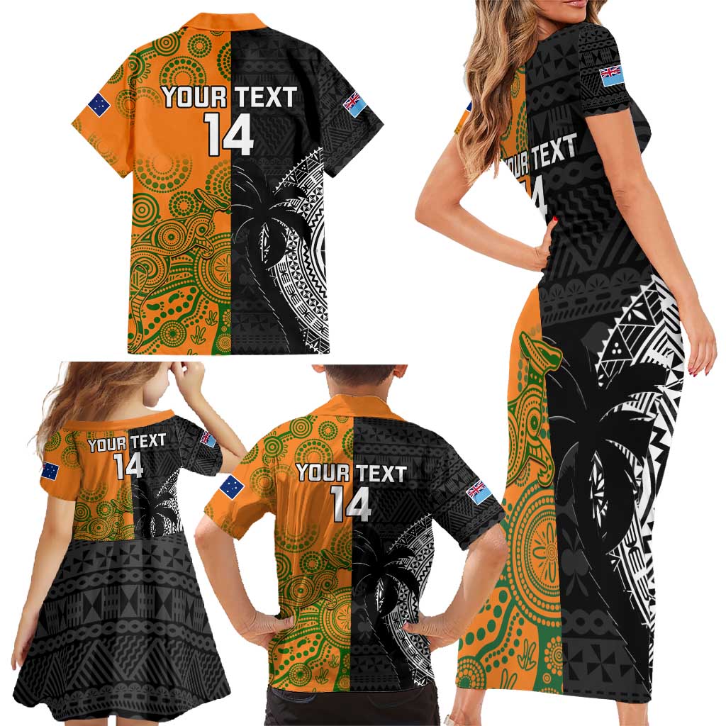 Custom Fiji And Australia Rugby Family Matching Short Sleeve Bodycon Dress and Hawaiian Shirt Fijian Tapa Pattern With Aussie Aboriginal Art LT14 - Polynesian Pride