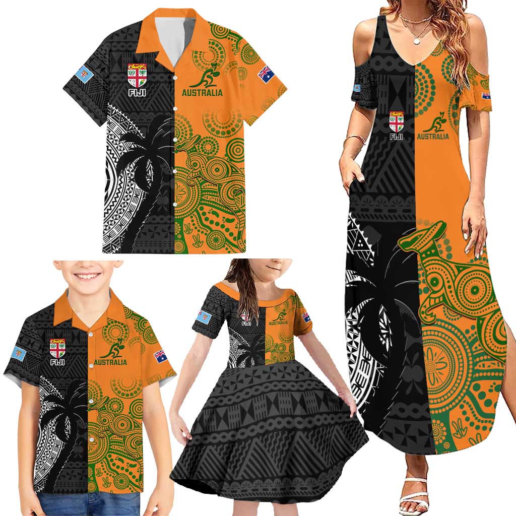 Custom Fiji And Australia Rugby Family Matching Summer Maxi Dress and Hawaiian Shirt Fijian Tapa Pattern With Aussie Aboriginal Art LT14 - Polynesian Pride