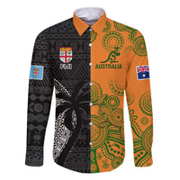 Custom Fiji And Australia Rugby Family Matching Summer Maxi Dress and Hawaiian Shirt Fijian Tapa Pattern With Aussie Aboriginal Art LT14 Dad's Shirt - Long Sleeve Black - Polynesian Pride