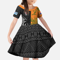 Custom Fiji And Australia Rugby Family Matching Tank Maxi Dress and Hawaiian Shirt Fijian Tapa Pattern With Aussie Aboriginal Art LT14 Daughter's Dress Black - Polynesian Pride