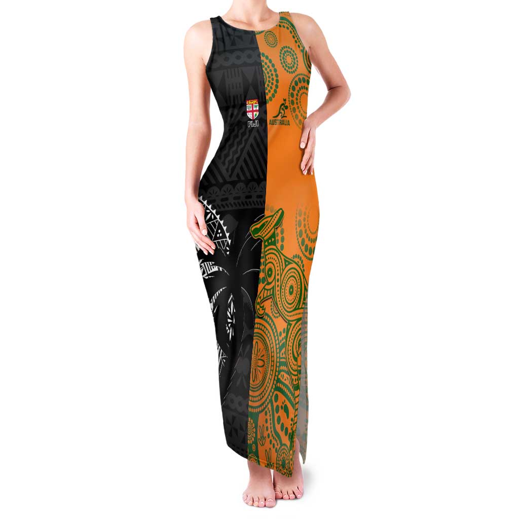 Custom Fiji And Australia Rugby Family Matching Tank Maxi Dress and Hawaiian Shirt Fijian Tapa Pattern With Aussie Aboriginal Art LT14 Mom's Dress Black - Polynesian Pride
