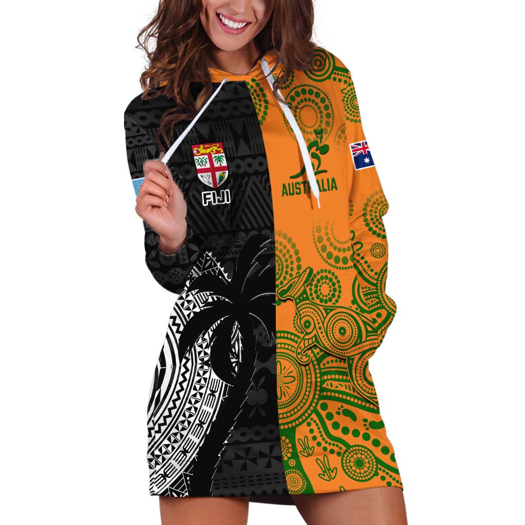 Custom Fiji And Australia Rugby Hoodie Dress Fijian Tapa Pattern With Aussie Aboriginal Art LT14 Black - Polynesian Pride
