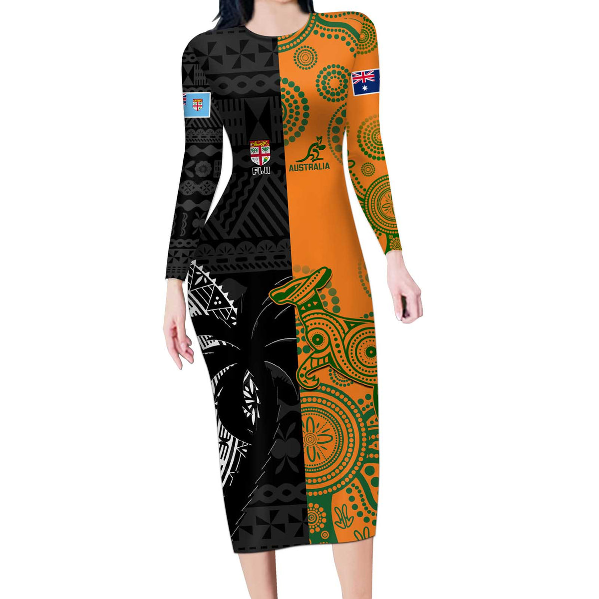 Custom Fiji And Australia Rugby Long Sleeve Bodycon Dress Fijian Tapa Pattern With Aussie Aboriginal Art LT14 Long Dress Black - Polynesian Pride