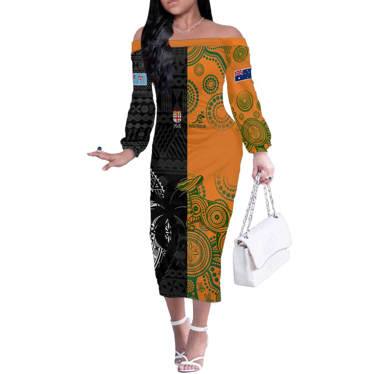 Custom Fiji And Australia Rugby Off The Shoulder Long Sleeve Dress Fijian Tapa Pattern With Aussie Aboriginal Art LT14 Women Black - Polynesian Pride