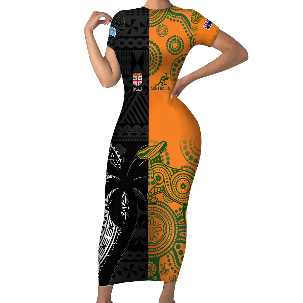 Custom Fiji And Australia Rugby Short Sleeve Bodycon Dress Fijian Tapa Pattern With Aussie Aboriginal Art LT14 Long Dress Black - Polynesian Pride
