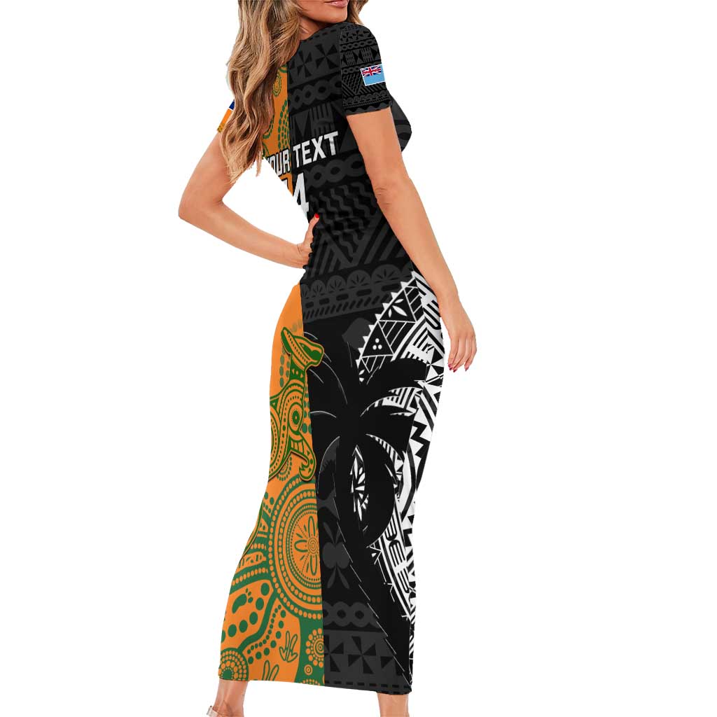 Custom Fiji And Australia Rugby Short Sleeve Bodycon Dress Fijian Tapa Pattern With Aussie Aboriginal Art LT14 - Polynesian Pride