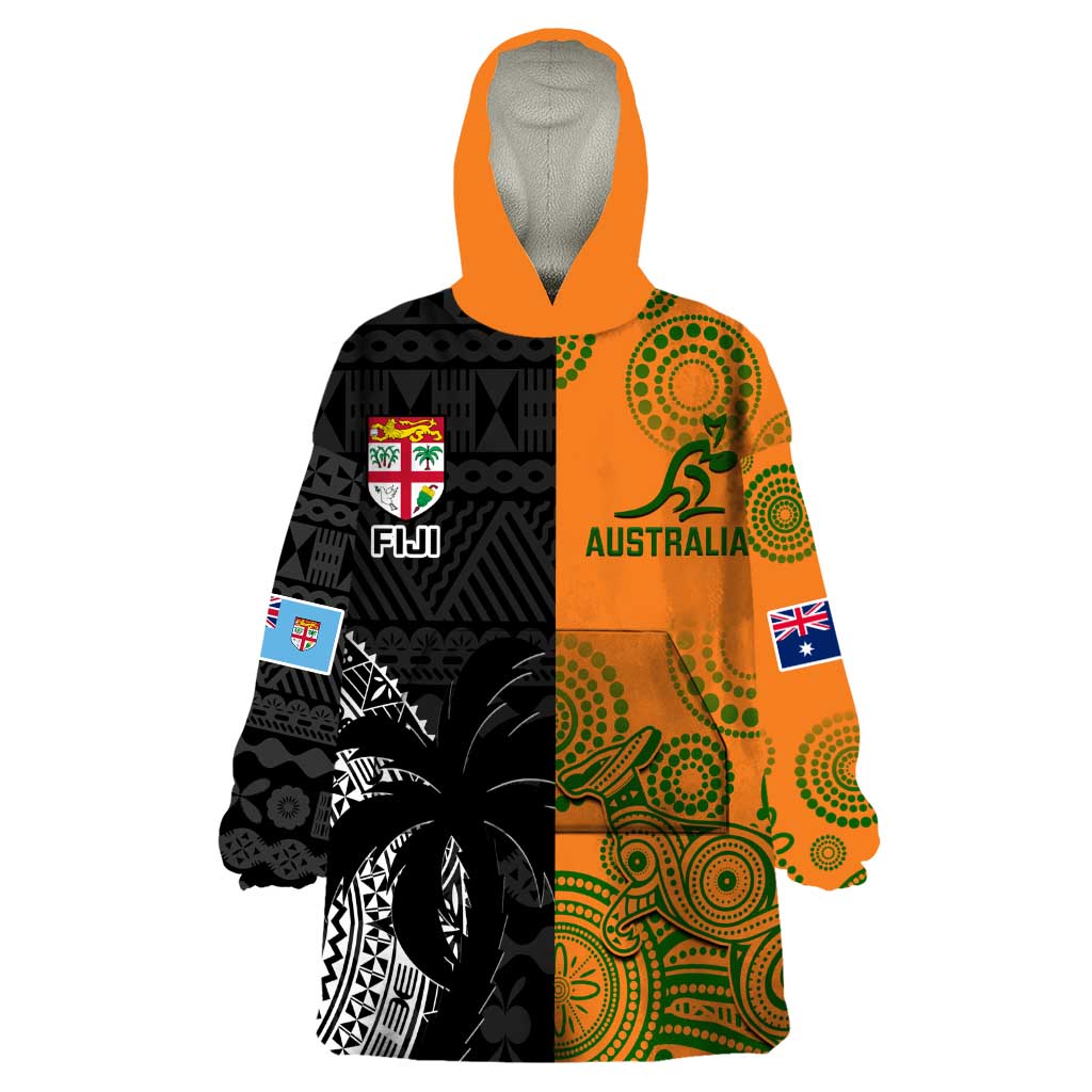 Custom Fiji And Australia Rugby Wearable Blanket Hoodie Fijian Tapa Pattern With Aussie Aboriginal Art LT14 One Size Black - Polynesian Pride