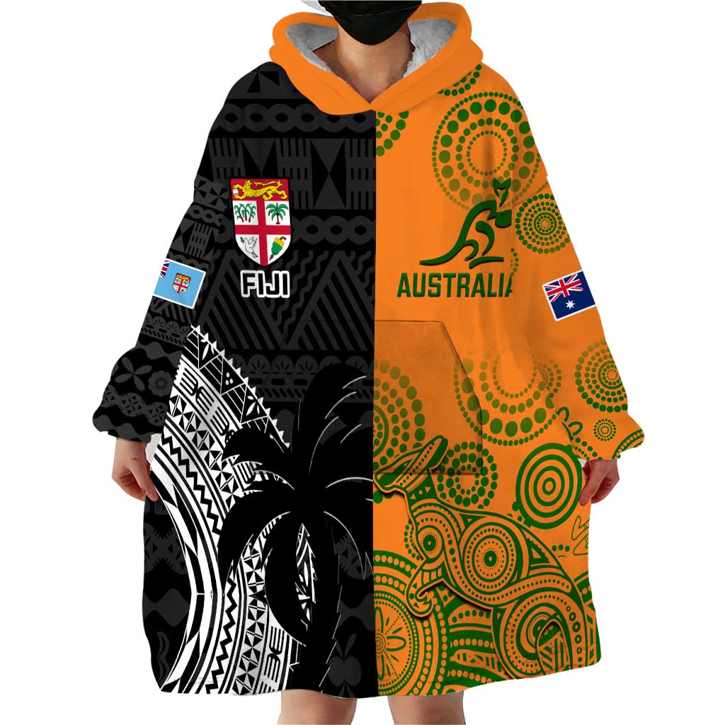 Custom Fiji And Australia Rugby Wearable Blanket Hoodie Fijian Tapa Pattern With Aussie Aboriginal Art LT14 - Polynesian Pride