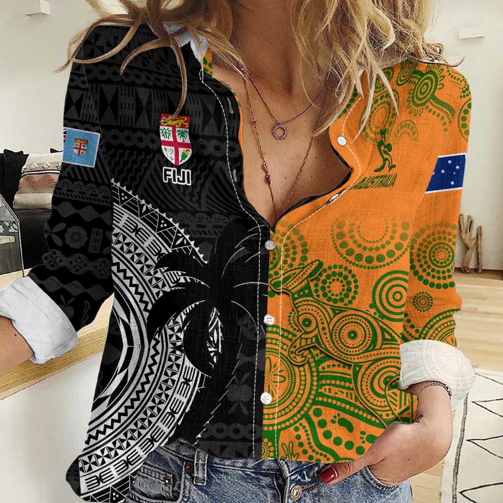 Custom Fiji And Australia Rugby Women Casual Shirt Fijian Tapa Pattern With Aussie Aboriginal Art LT14 Female Black - Polynesian Pride