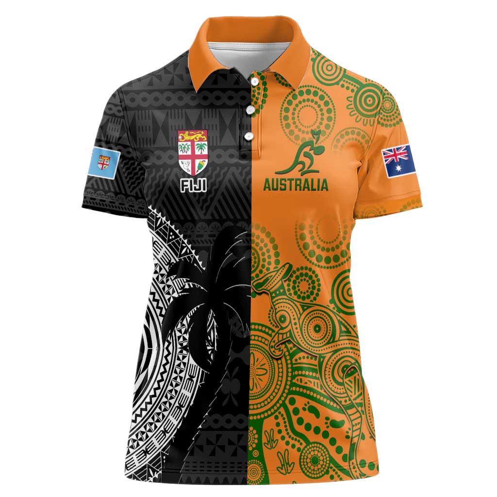 Custom Fiji And Australia Rugby Women Polo Shirt Fijian Tapa Pattern With Aussie Aboriginal Art LT14 Female Black - Polynesian Pride