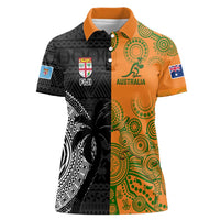 Custom Fiji And Australia Rugby Women Polo Shirt Fijian Tapa Pattern With Aussie Aboriginal Art LT14 Female Black - Polynesian Pride