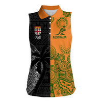 Custom Fiji And Australia Rugby Women Sleeveless Polo Shirt Fijian Tapa Pattern With Aussie Aboriginal Art LT14 Female Black - Polynesian Pride