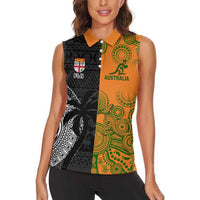 Custom Fiji And Australia Rugby Women Sleeveless Polo Shirt Fijian Tapa Pattern With Aussie Aboriginal Art LT14 - Polynesian Pride