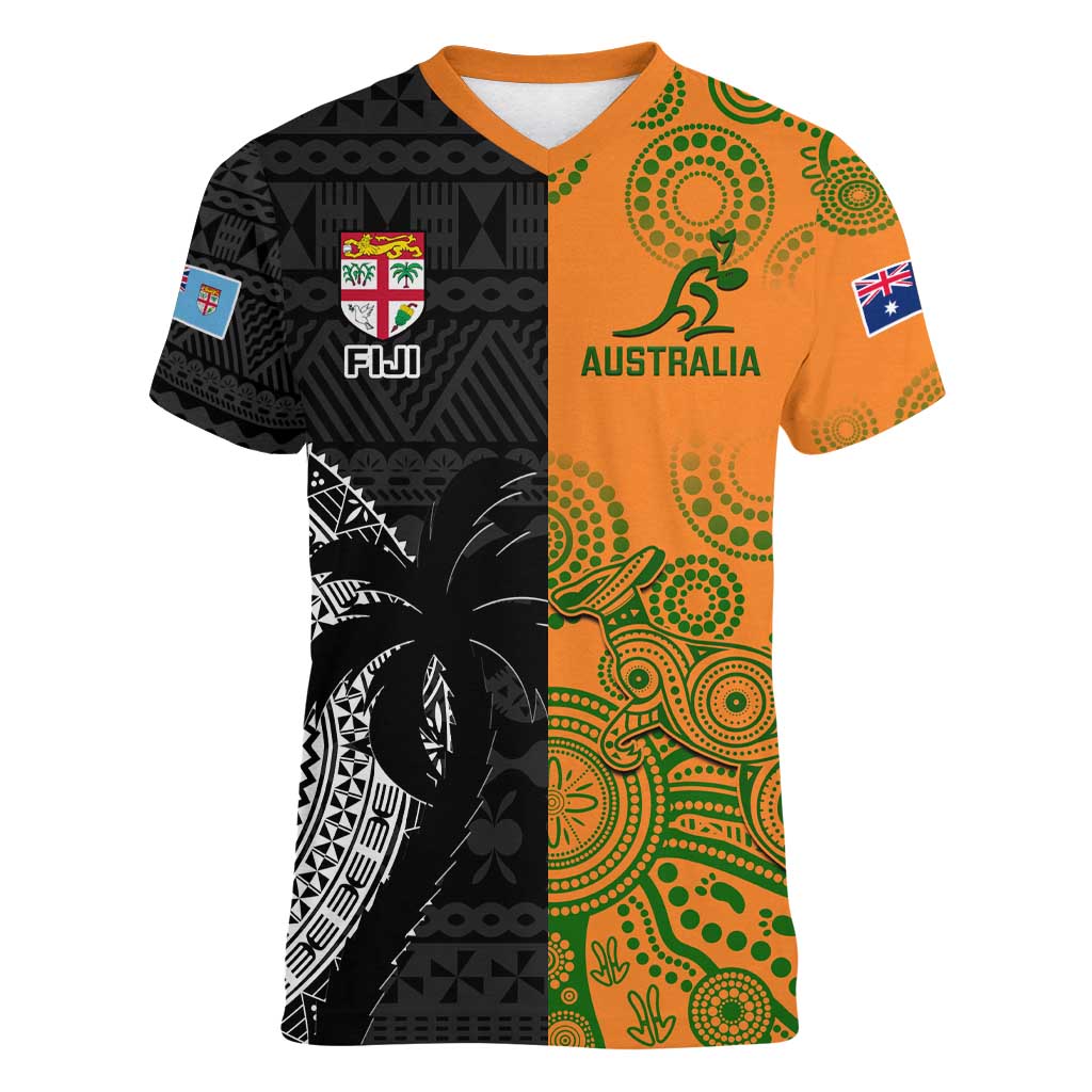 Custom Fiji And Australia Rugby Women V-Neck T-Shirt Fijian Tapa Pattern With Aussie Aboriginal Art LT14 Female Black - Polynesian Pride
