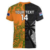 Custom Fiji And Australia Rugby Women V-Neck T-Shirt Fijian Tapa Pattern With Aussie Aboriginal Art LT14 - Polynesian Pride