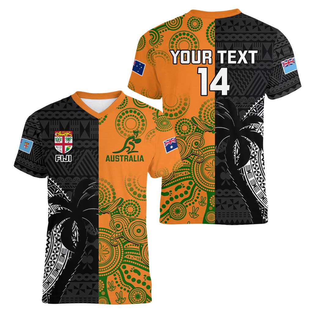 Custom Fiji And Australia Rugby Women V-Neck T-Shirt Fijian Tapa Pattern With Aussie Aboriginal Art LT14 - Polynesian Pride