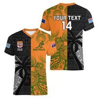 Custom Fiji And Australia Rugby Women V-Neck T-Shirt Fijian Tapa Pattern With Aussie Aboriginal Art LT14 - Polynesian Pride