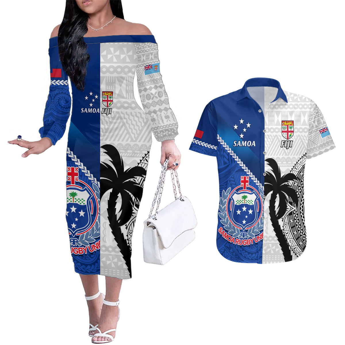 Fiji And Samoa Rugby Couples Matching Off The Shoulder Long Sleeve Dress and Hawaiian Shirt 2023 World Cup Samoan Mix Tapa Pattern LT14 Blue - Polynesian Pride