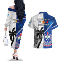 Fiji And Samoa Rugby Couples Matching Off The Shoulder Long Sleeve Dress and Hawaiian Shirt 2023 World Cup Samoan Mix Tapa Pattern LT14 - Polynesian Pride