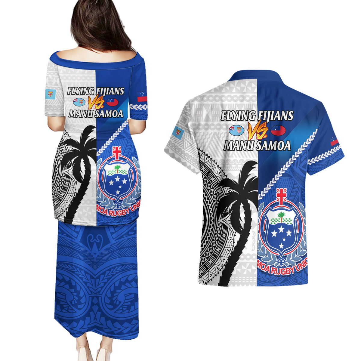 Fiji And Samoa Rugby Couples Matching Puletasi Dress and Hawaiian Shirt 2023 World Cup Samoan Mix Tapa Pattern LT14 - Polynesian Pride